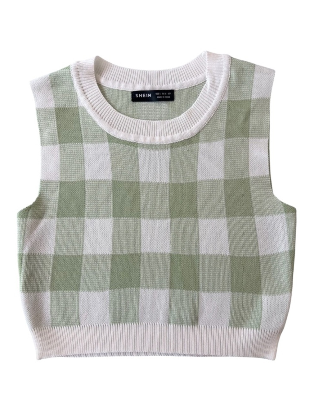 SHEIN Green & White Checkered Sweater Vest Cropped Top Size Small - Picture 1 of 6